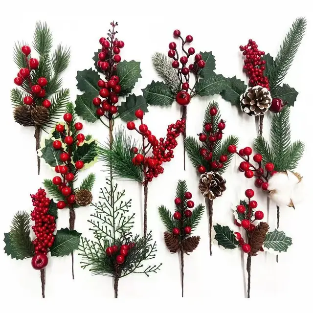 Simulated Green Leafy Berry Christmas Decoration Artificial Flowers for Home Dining Table Ornaments Christmas Decor