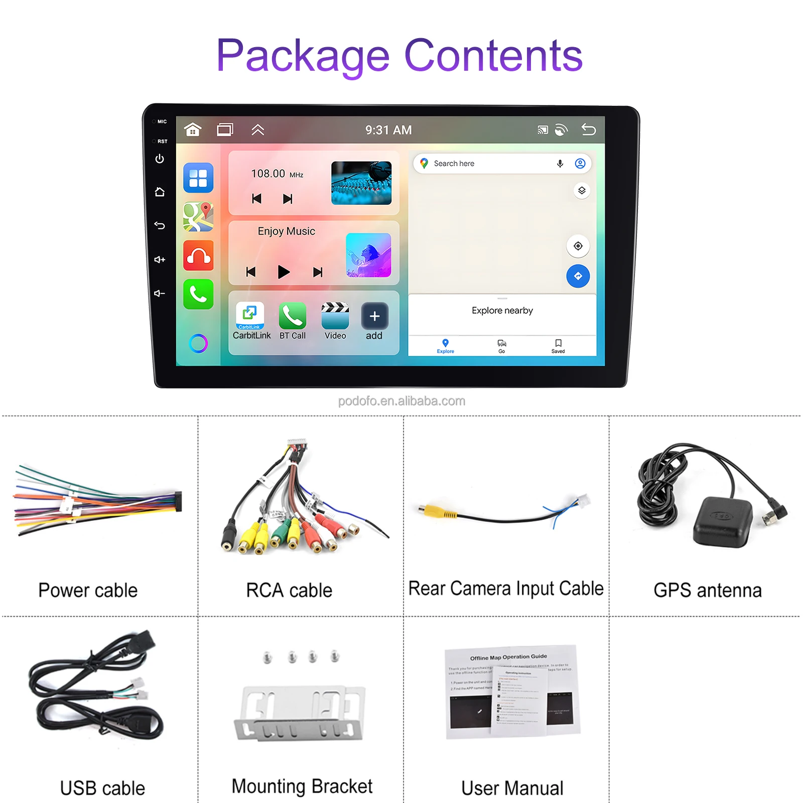 Podofo Double Din Android Car Radio 10.1" 6+128gb Ips Screen 2 Din ...