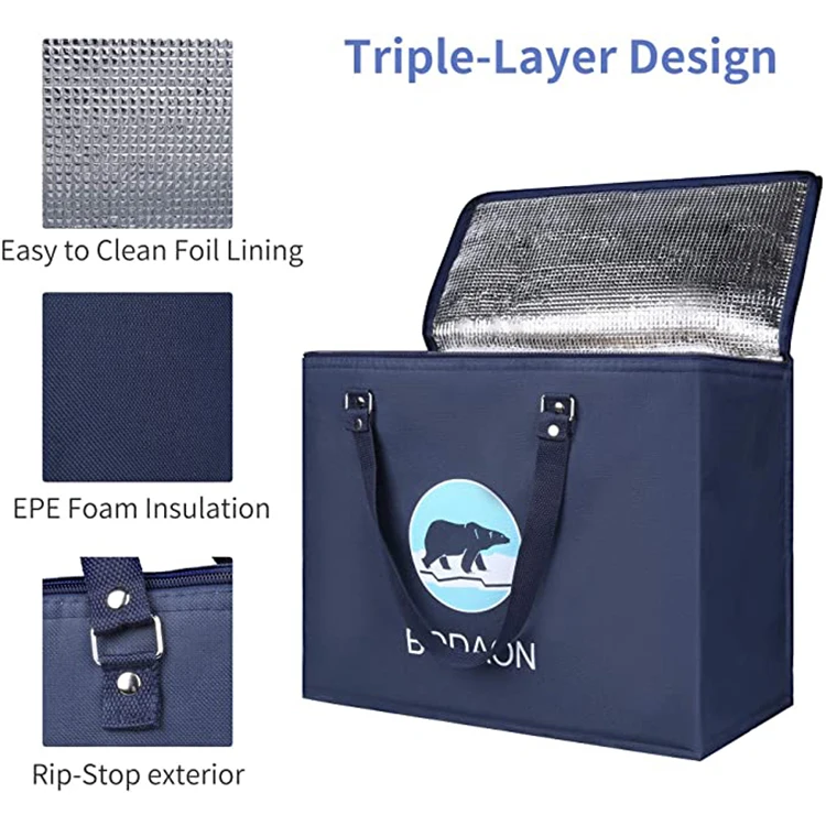 Eco Friendly Insulated Reusable Large Capacity Shopping Thermal Insulation Cooler Bag Blue Cooler Bag Food Green Box 10000