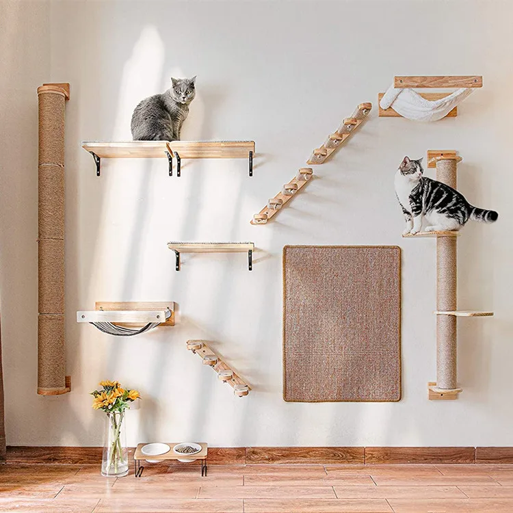 Wooden Cat Wall Hammock Modern Pet Cat Bed Furniture Elevated Solid ...