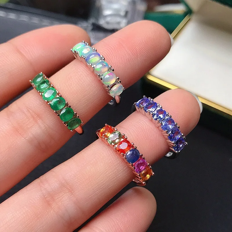 Natural Gemstone Customized Half Eternity Row Rings S925 Sterling ...