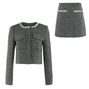 Customizable Girls Houndstooth Suit Rhinestone Embellished Jacket Skirt Set Stylish Kids Fashion Outfit