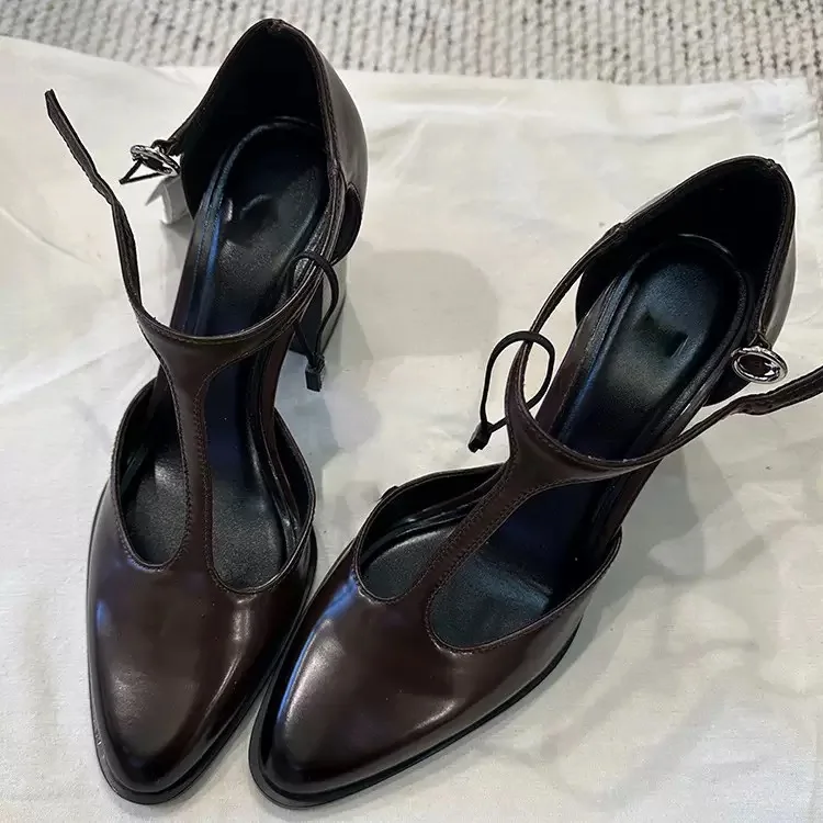 Ladies Pumps Shoes Pointed Toe Chunky Heel 6cm Lace Up Roman Mary Jane Women