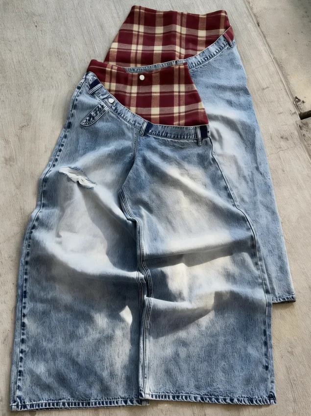 SALATI Denim Manufacturer Customizes Street Style Vintage Pickled Patchwork Plaid Washed Wide Leg Loose Distressed Jeans for Men