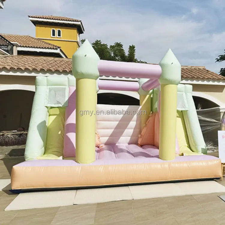 Pastel colorful bouncy castle inflatable white bounce house 15x15 with double slide