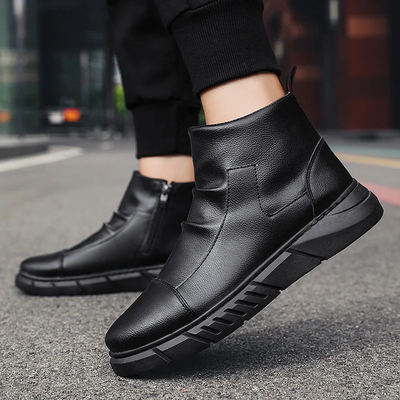 Black Boots Mens Shoes With Side Zipper Slip On Men's Shoes With