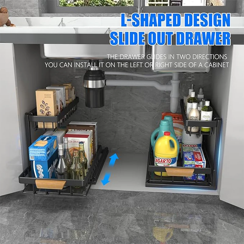 LAMU Confezione Da 2 Organizer Estraibili Per Sotto Lavandino – A Forma Di L, 2 Livelli, 41x32x40 Cm – Metallro Con Manici In Legno, Scorrevoli, Per Bagno E Cucina