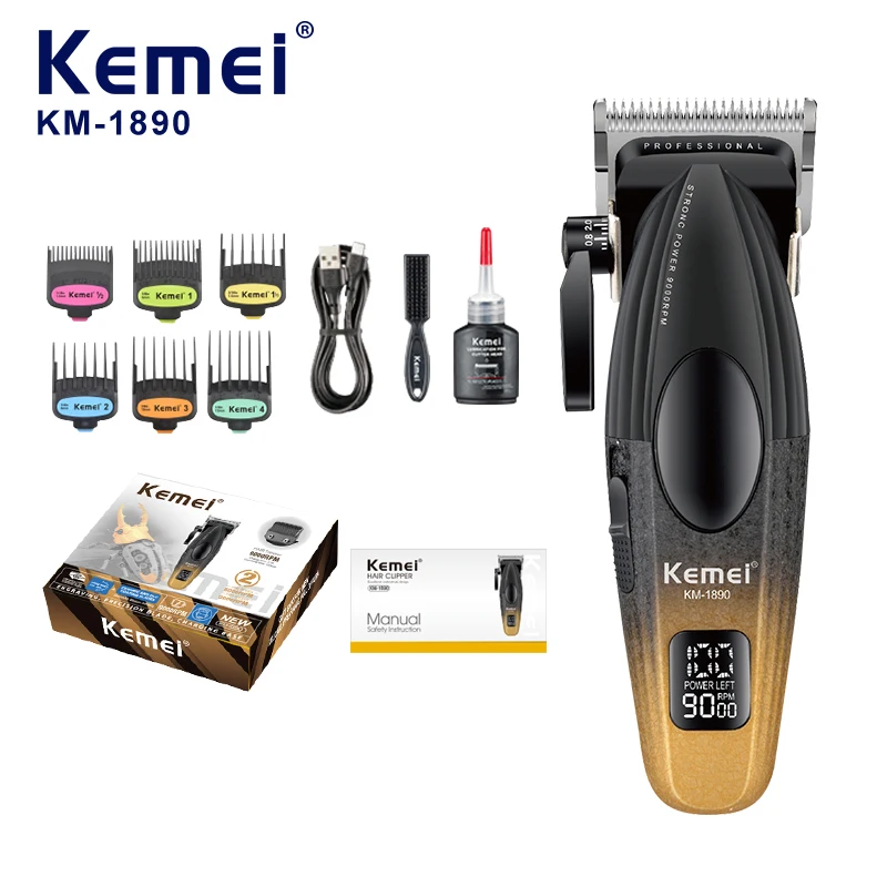 Kemei KM-1890, tondeuse professionnelle pour cheveux dotée d’une batterie puissante de 2000 mAh et d’un moteur rapide de 9000 tr/min, lame en métallurgie avec 6 embouts interchangeables.