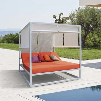 Modern Hotel Pool Beach Furniture White Aluminum Frame Outdoor Double Daybed With Curtains