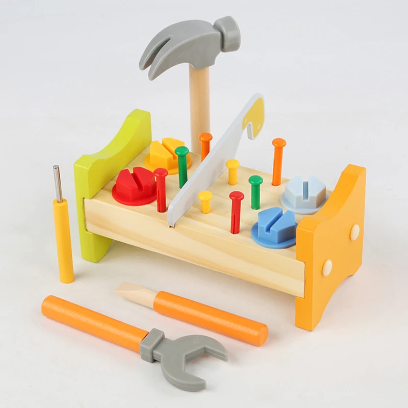 Kids Pretend Tool Set Wooden Pound Hammer Bench Game Educational Montessori Toys For Toddler