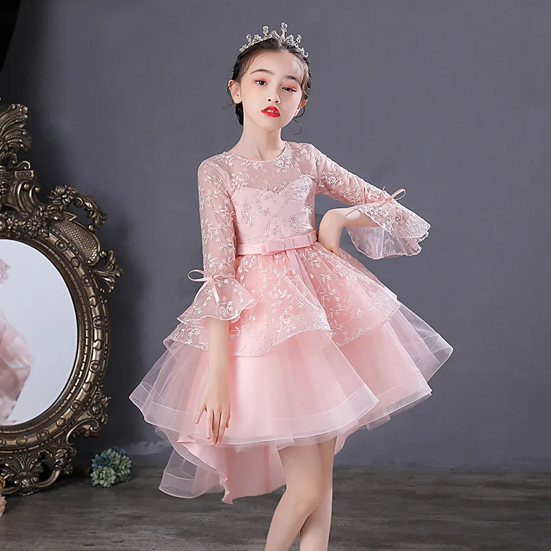 Latest Design Low Cut Handmade Short Front Long Back Flower Baby Girl Party Wedding Dress for 8 Years Old