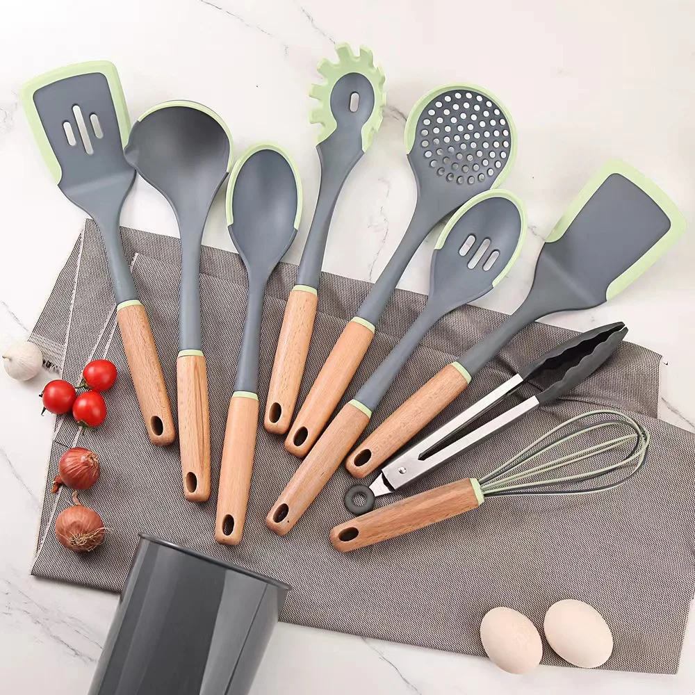 Silicone Non Stick Cooking Nylon Silicone Kitchen Utensils Set With Wooden Handlecookware Spoon 0625