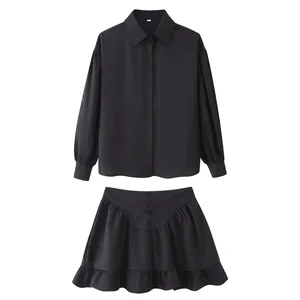 European American Women's Spring Daily Wear One Set Solid Woven Loose Fit Temperament Lapel-breasted Shirt Ruffled Skirt Buttons
