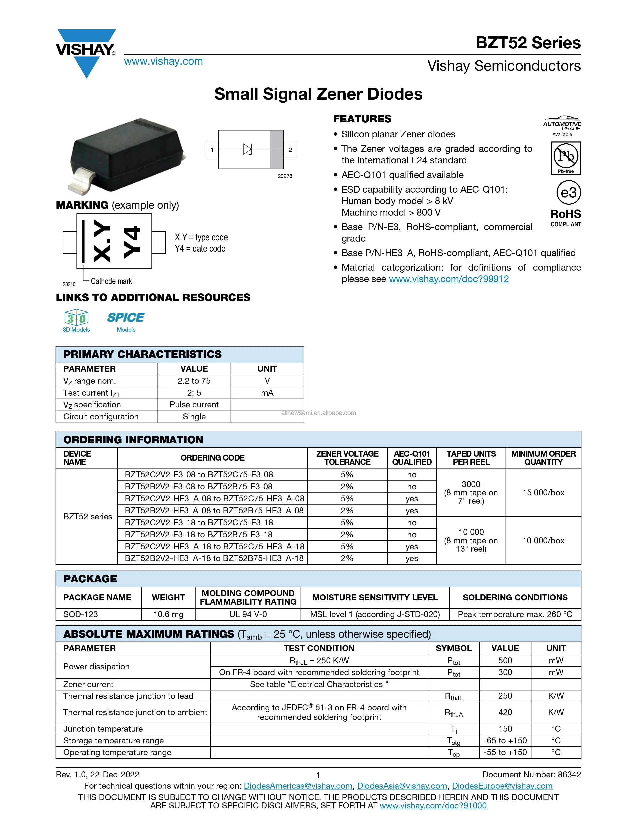 Hot sale Original BZT52B15-E3-08 DIODE ZENER 15V 410MW SOD123 Zener Diode 15 V 410 mW Surface Mount SOD-123