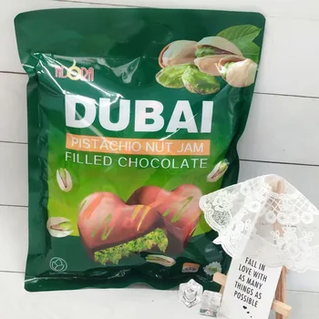 Dubai Flavor Pistachio Jam Sandwich Kids Chocolate Pouch with Solid Forms Truffles Bittersweet Chocolate Bars