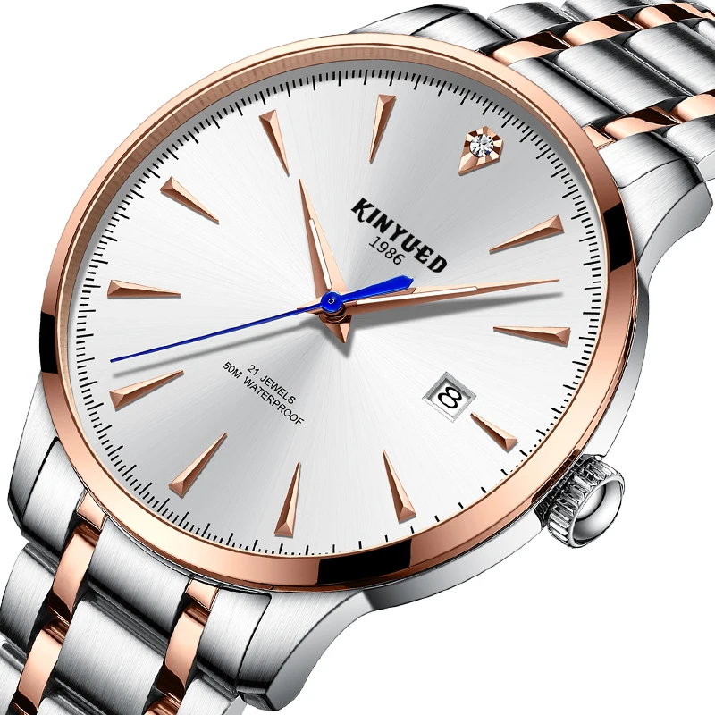 Quadrante a righe solari letterali con cinturino in acciaio inossidabile di  alta qualità in oro rosa e argento di KINYUED factory watches for men