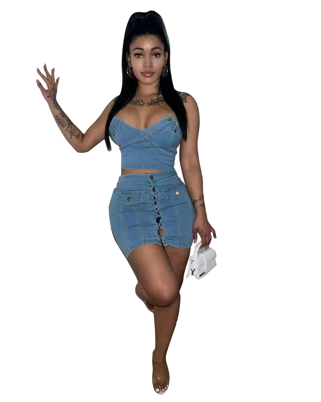 Nyest design i bomullsvasket jeans til kvinner – erotisk strapless crop-top og høytaljet knapp-jeansminiskjørt – 2-dels sett