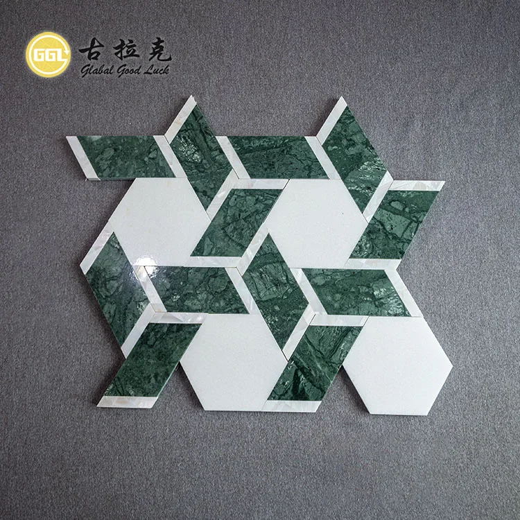 Polished Green White Marble Mosaic Mix Shell Tile Water Jet Stone Irregular Shape Mosaic Tile for Wall Floor Decor