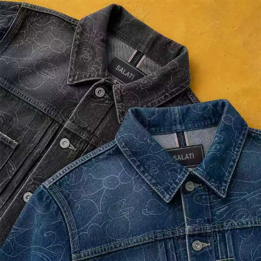 Wholesale Washed Denim Jacket Men All Over Floral Pattern Button Front Pocket Vintage Streetwear Fashion Men Denim Jacket gallery 3