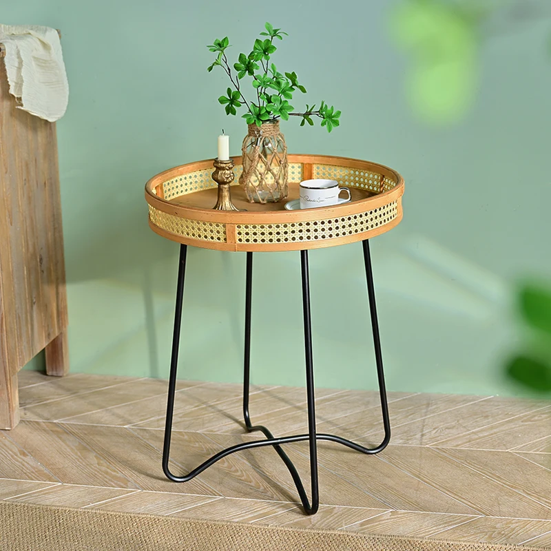 INNOVA living room furniture country natural design bamboo wood tavolino  rotondo tavolino da tè con gamba in metallo
