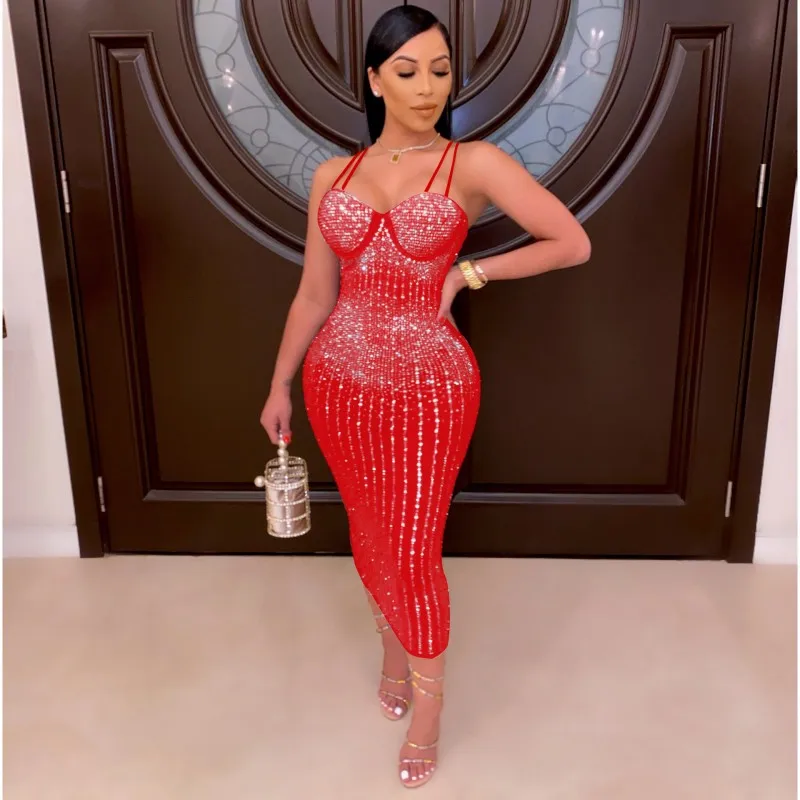 Women's Sexy Rhinestone Sequin Glitter Crystal Club Dress Strap Bodycon See  Through Party Plus Size Dresses Women B2012