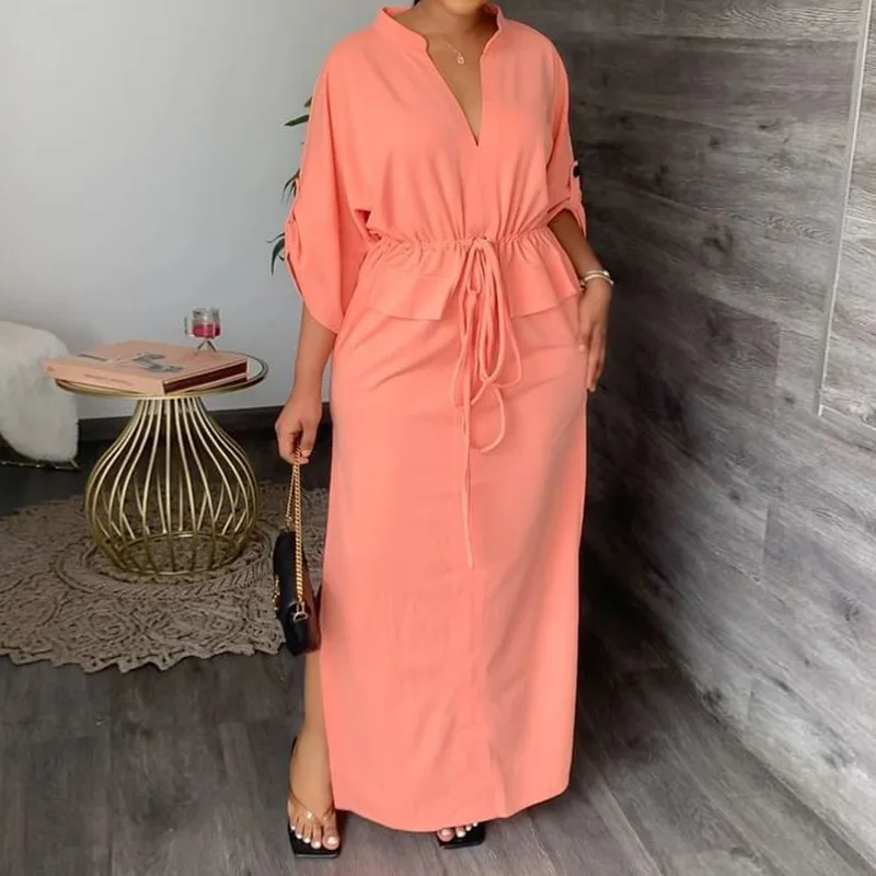 Stand Collar V Neck Long Sleeve Orange Drawstring Dress