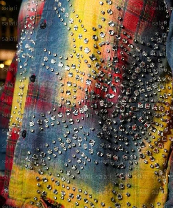 Salati High Quality Diamond T-shirt Glitter Rhinestone Acid Wash Button Down up Full Long Sleeve Check Plaid Flannel Men's Shirt gallery 4