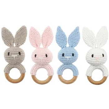 Baby Rattle 0-6 Months Bunny Wooden Rattle Handmade Crochet Wooden Baby Rattle Organic Newborn Baby Stuffed Animals Toys