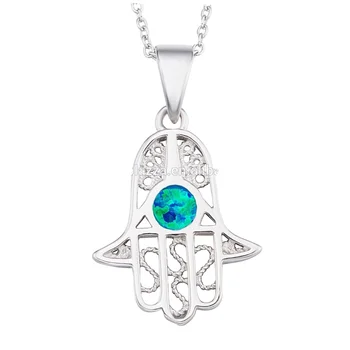 Pure 925 Sterling Silver Hamsa Hand Necklace Blue Opal Fatima Jewelry