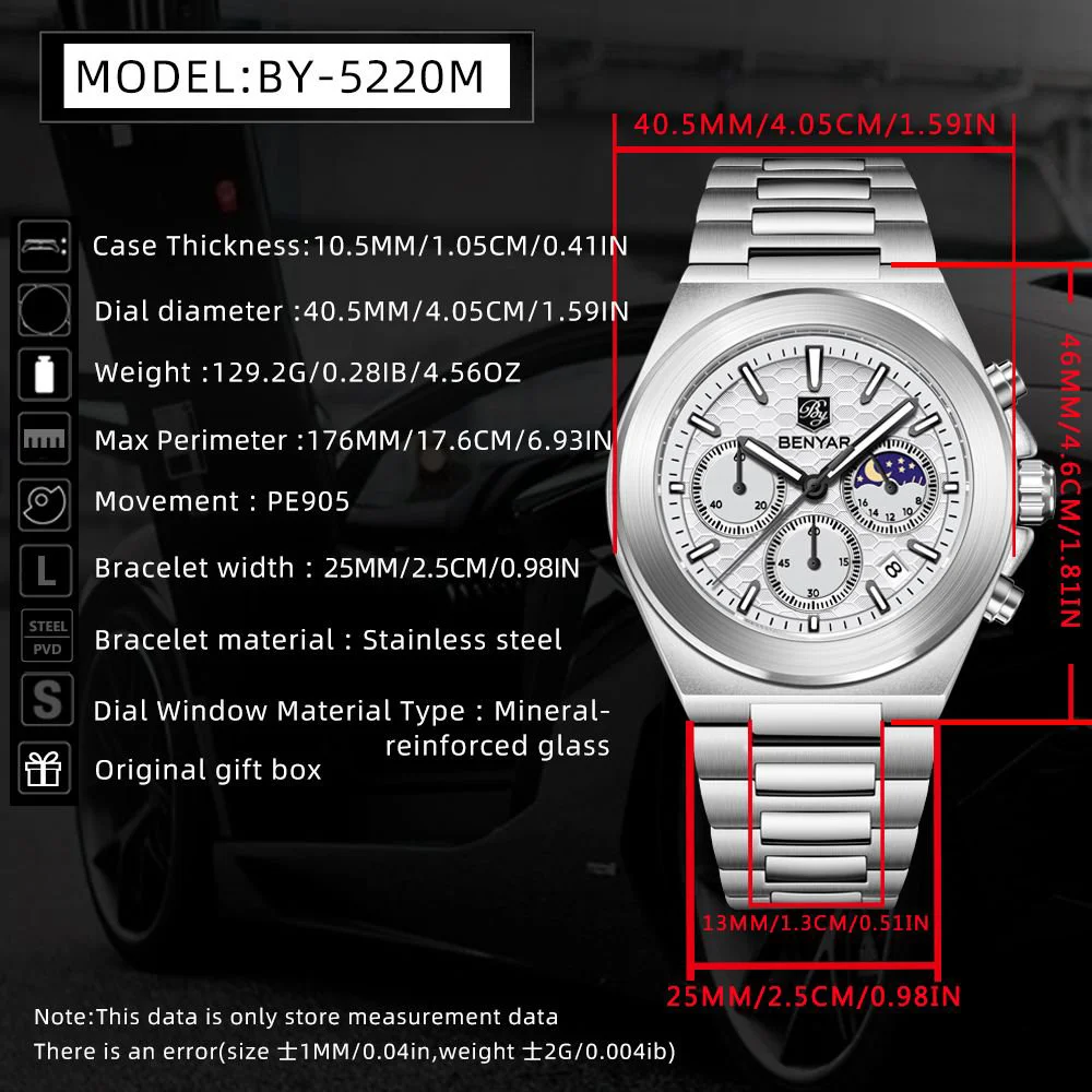 BENYAR 5220 Classic Business Watch Quartz Stainless Steel Waterproof Watch Multi Functional Moon Phase Dial Watches for Man