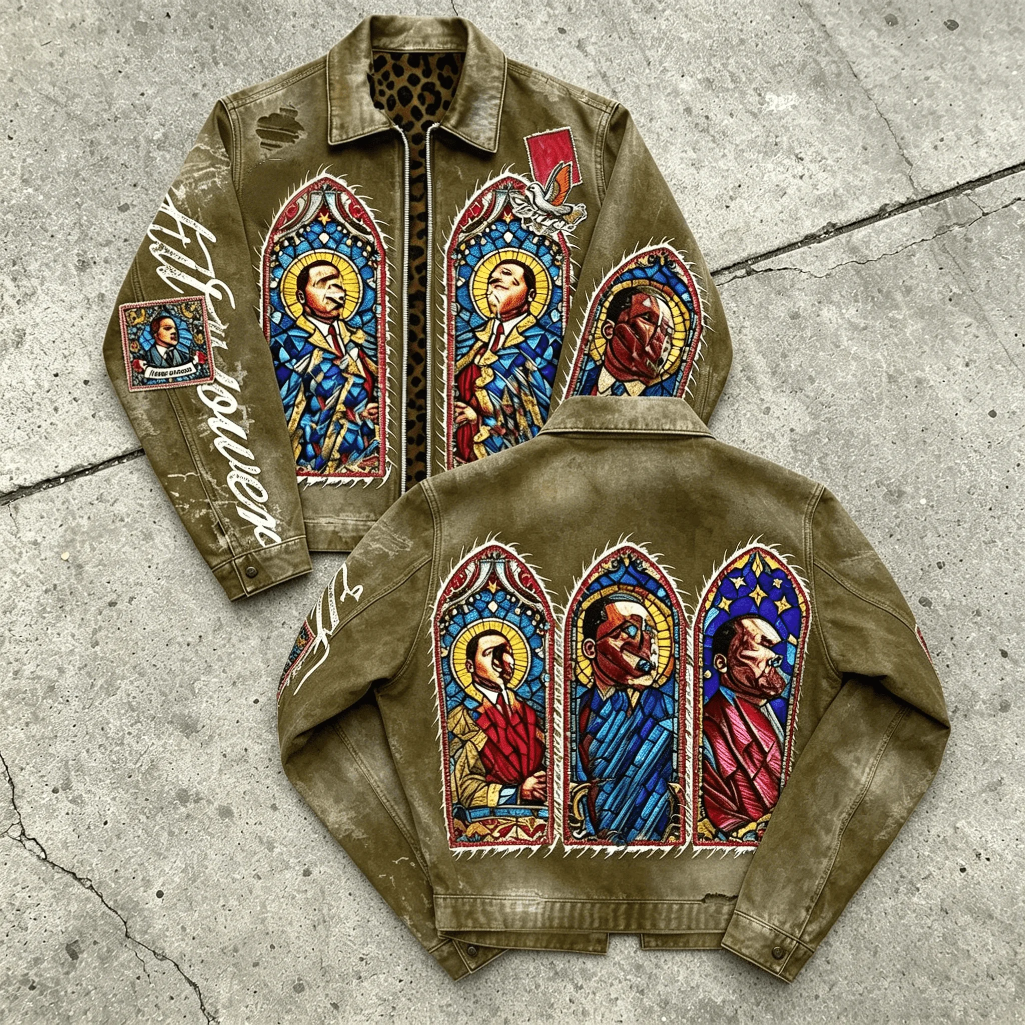 Custom Distressed Embroidery Oversize Acid Wash Flared Sweatpants and Denim Jeans Work Suit Jacket Tracksuit Men's Outerwear Set gallery 4