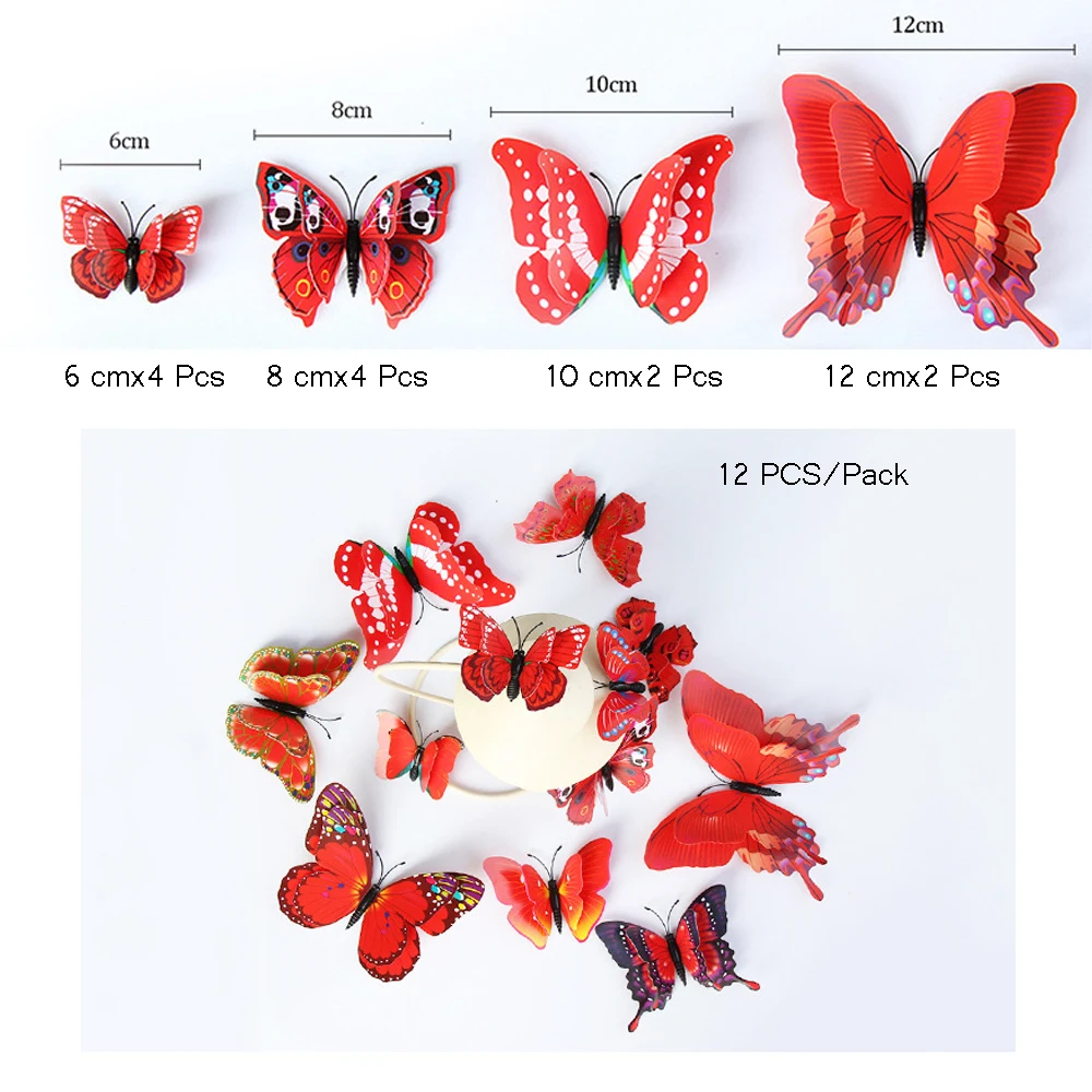 12 Pcs/pack Double Layer 3D PVC Butterfly Wall Sticker Set