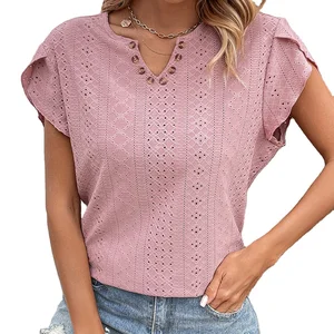 Sweet Design Pink Embroidery Texture Slit V Neck Ruffled Petal Short Sleeve Blouse for Ladies