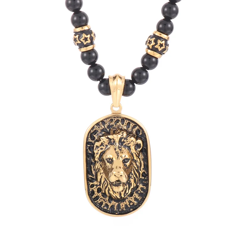Kalen Domineering Stainless Steel Lion Pendant Men Jewelry 18K Pvd Gold Plated Black Bead Chain Long Necklace Jewelry Necklaces