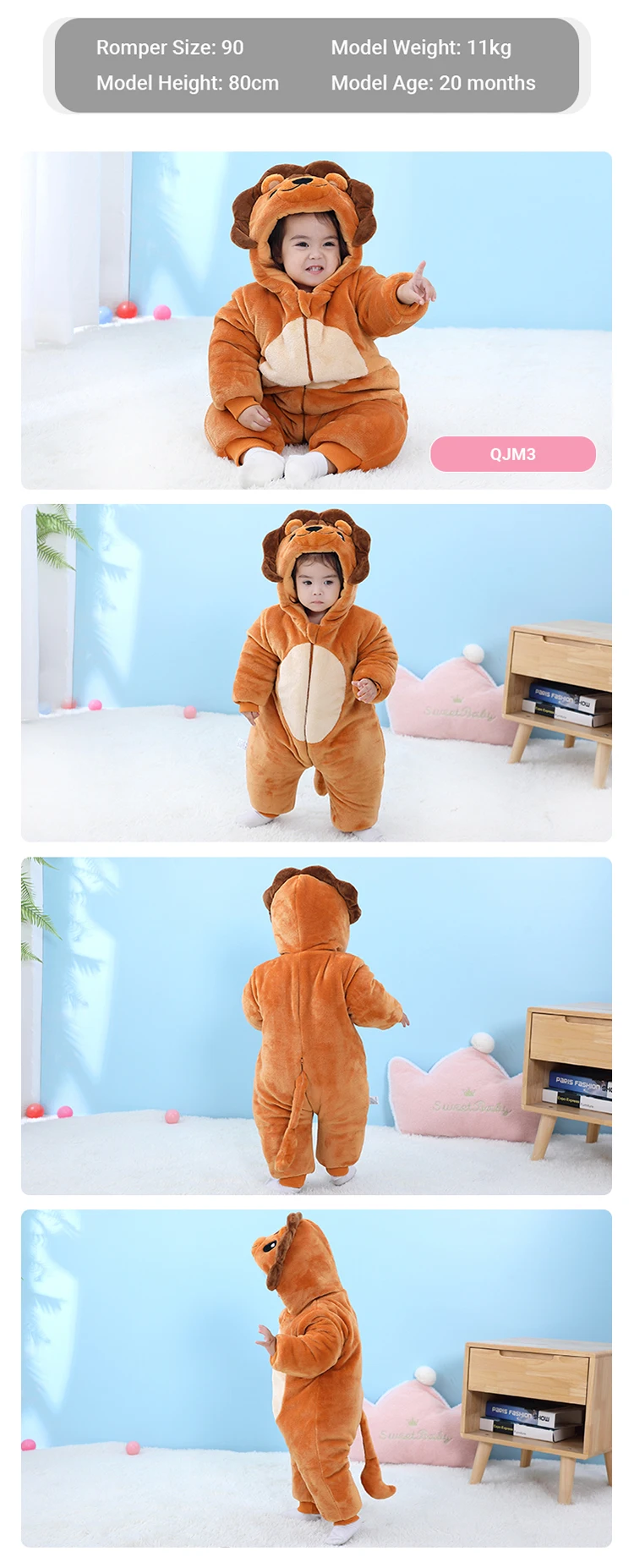 Michley 2022 Winter Cartoon Lion Double Layer Baby Hooded Rompers