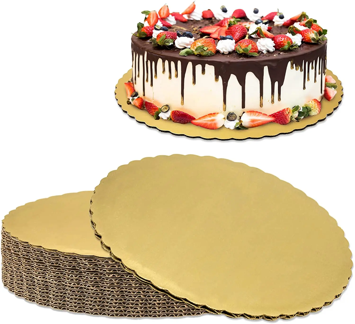 CPDD Lot de 20 planches à gâteau 20,3 cm rondes dorées, bord festonné, base  en carton compressé laminé résistant à la graisse pour pâtisseries, tartes,  pizzas et gâteaux circulaires 20,3 cm 