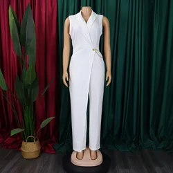C8576 Latest Design Summer Jumpsuits for Ladies Elegant Suit Collar Solid  Color Wide Leg One Piece Jumpsuit for Women With Chain