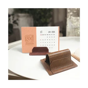 LOW MOQ Bible Desktop Calendars Verse Scripture Printing Retro Decorated Perpetual Use Christians Pu Leather Base Desk Calendar