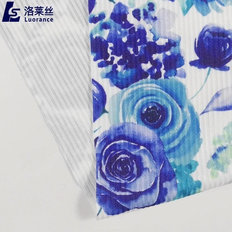 No Moq Custom Digital Print Polyester Spandex 2x2 Striped Rib Knit Fabric for Dress