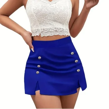 High quality summer Women skirt short Button Decor Split Hem Culottes Elegant High Waist Short Style Back Skort