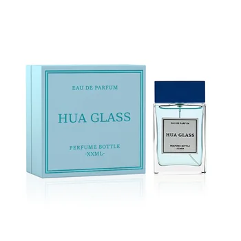 Luxury 100ml Empty Clear Perfume Bottle Blue Cap Crimp Sprayer Square Flat Glass Bottle With Blue Wooden Lid Customize Packaging