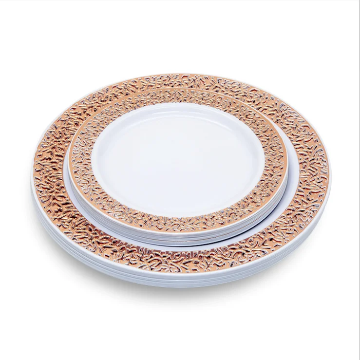 Plastic Dinner Plates Set Gold Rim Disposable For Wedding Party Premium