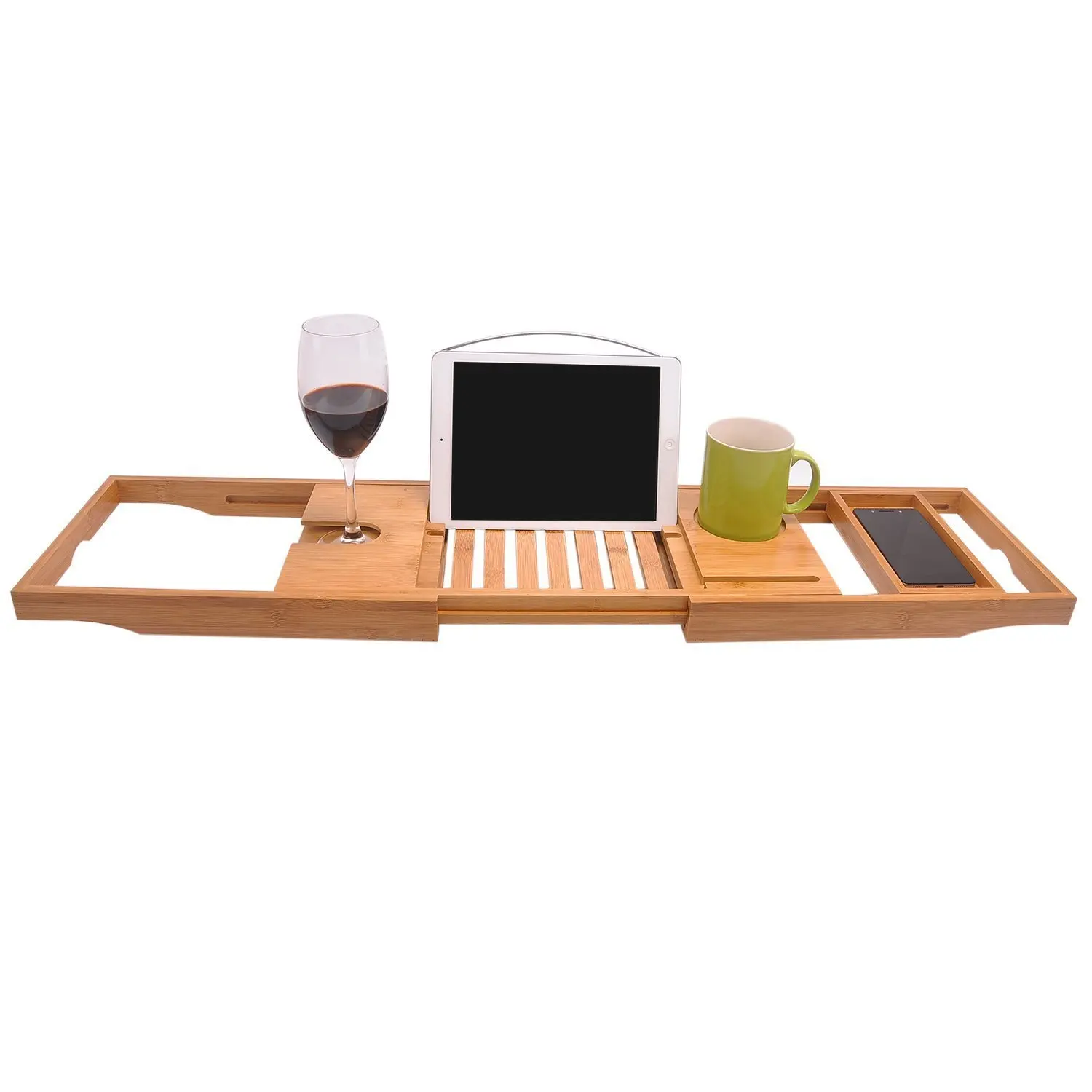 Premium Extendable Bamboo Bathtub Organizer Serving Tray Bath Tray with Wine Glass Tablet Holder for Bathroom Accessories Spa