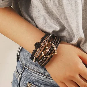 Fashion Jewelry Bohemian Braided Charm Multilayer Leather Bracelet Woven Leather Bracelet Women for Daily