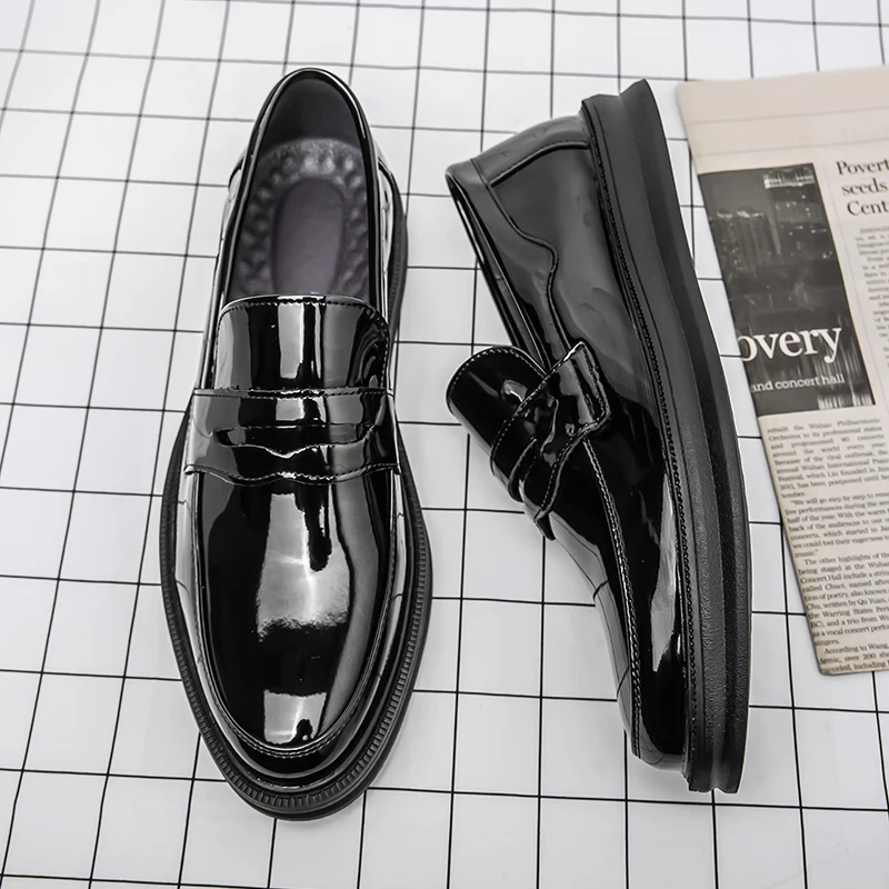 Good Looking White Patent Leather Dress Shoes Slip on Round Toe Height  Increasing Men Penny Loafers