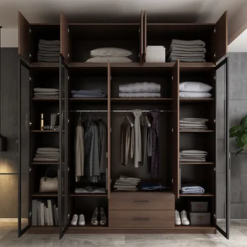 Clearance Walnut-Colored Modern Bedroom Wardrobe No-Hassle Hotel Storage Furniture for Home Clothes Organization