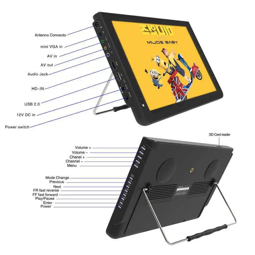 Portable Mini Digital Analog Led TV DVB-T DVB-T2 Rechargeable Television Player LED Screen