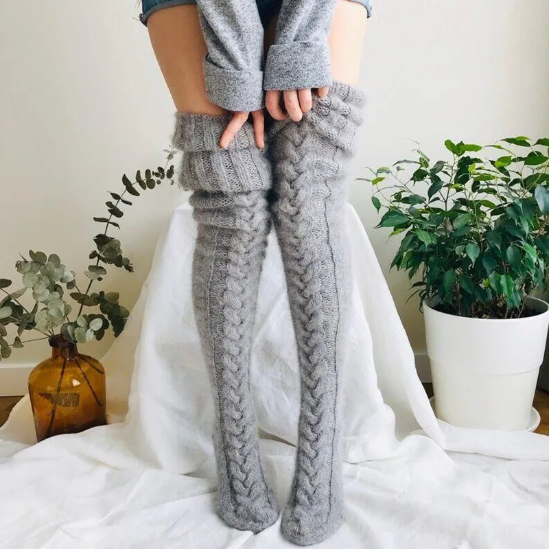 moda nuevo invierno cálido lana pierna punto calcetines gruesos mujeres  largo overknee calcetines