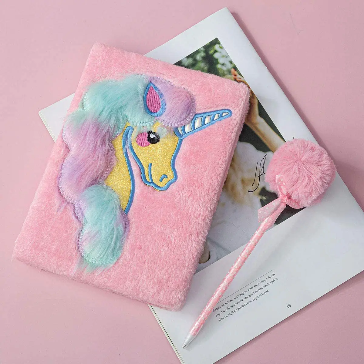product faux fur plush diary pop it notebook journal set with pom pen kids school stationery set-8