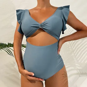 Solid Color One-Piece Maternity Swimwear for Women Loose Fit Pregnancy Swimwear with Ruffle Sleeves and Hollow Out Design
